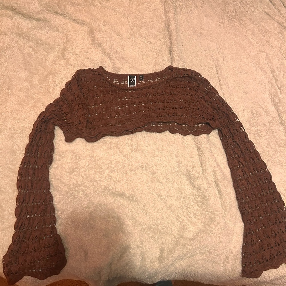 Brown Crochet Long Sleeve Half Shirt Crop Top